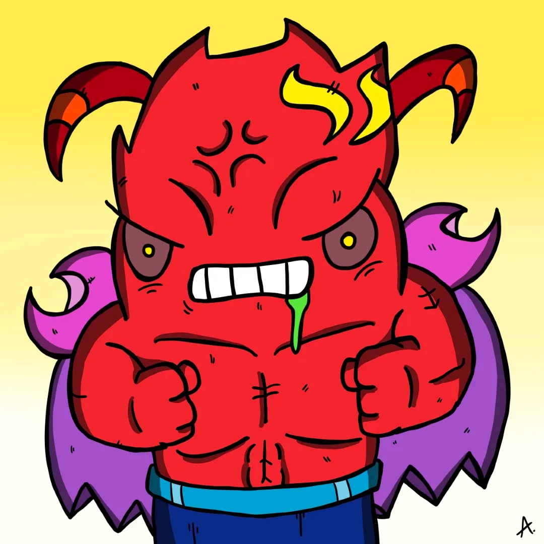 Furious little imp character with horns snarling in bold red and orange tones