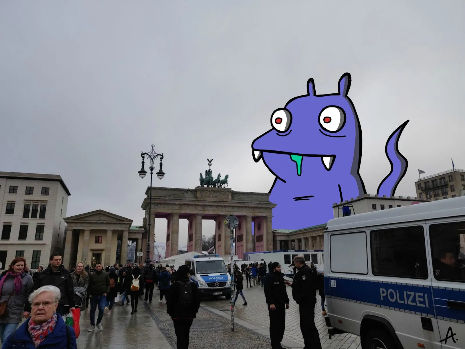 Berling Brandenburg Door being attacked by purple innocent monster