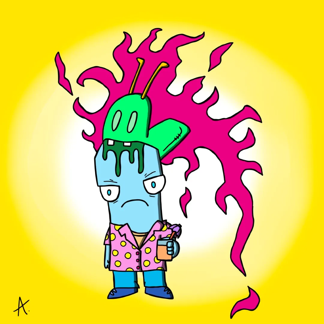 Cartoon character reacting dramatically after being bitten with vivid colorful expression