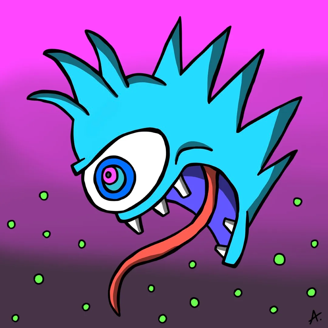 Terrifying blue creature emerging from a vivid and haunting nightmare landscape