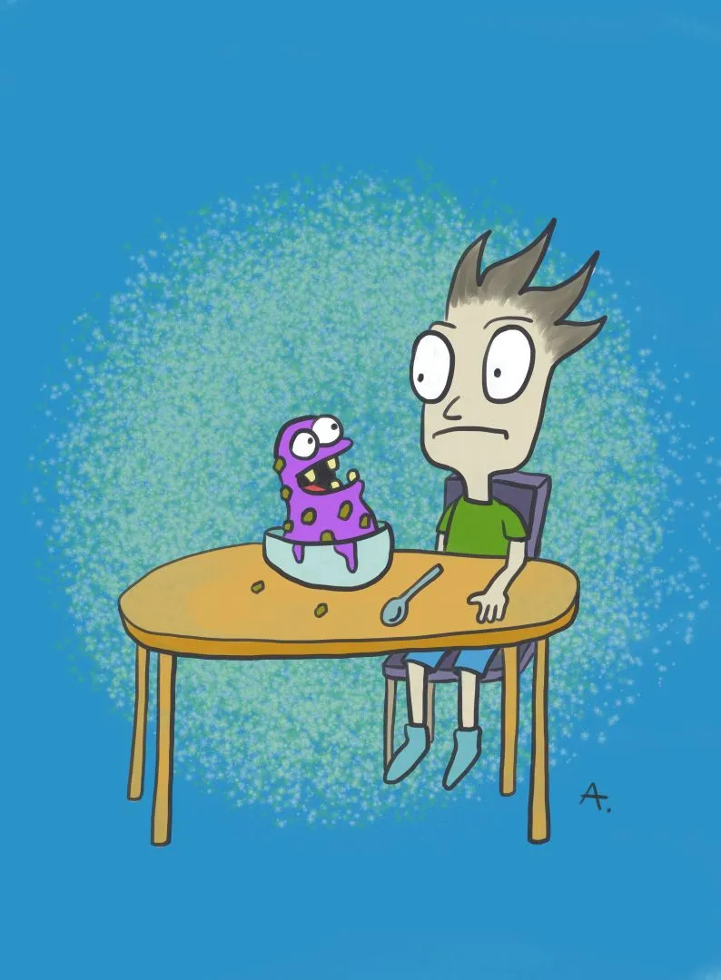 Purple cereal coming alive while trying to eat it and it's looking at me