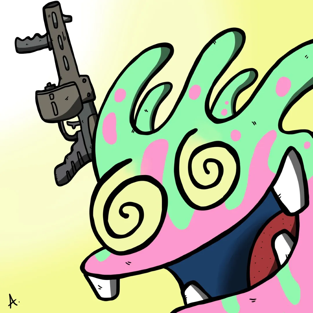 Gleefully chaotic cartoon character surrounded by colorful mayhem and joyful disorder
