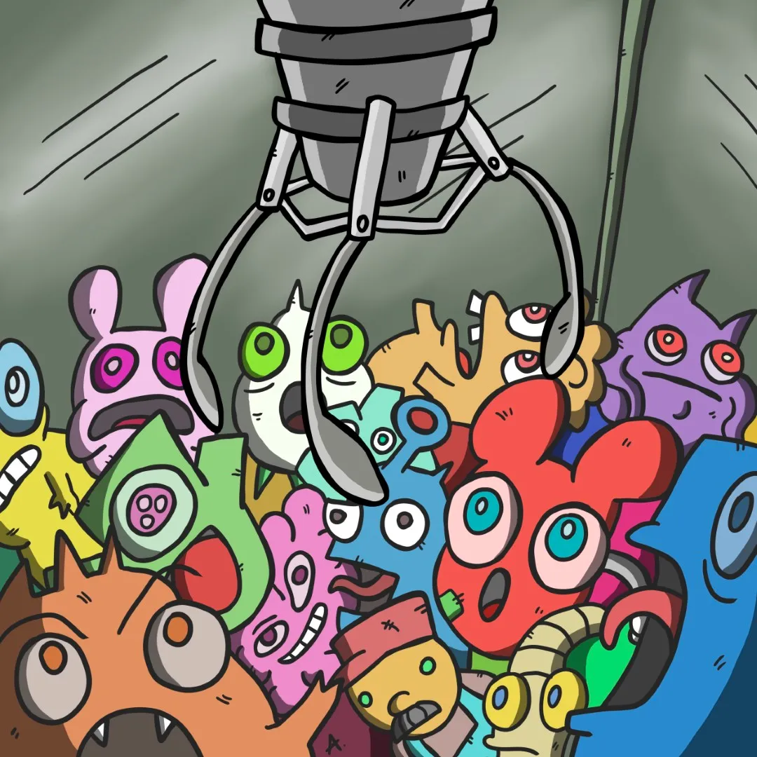 Panicked cartoon character trapped inside an arcade claw machine desperately trying to escape