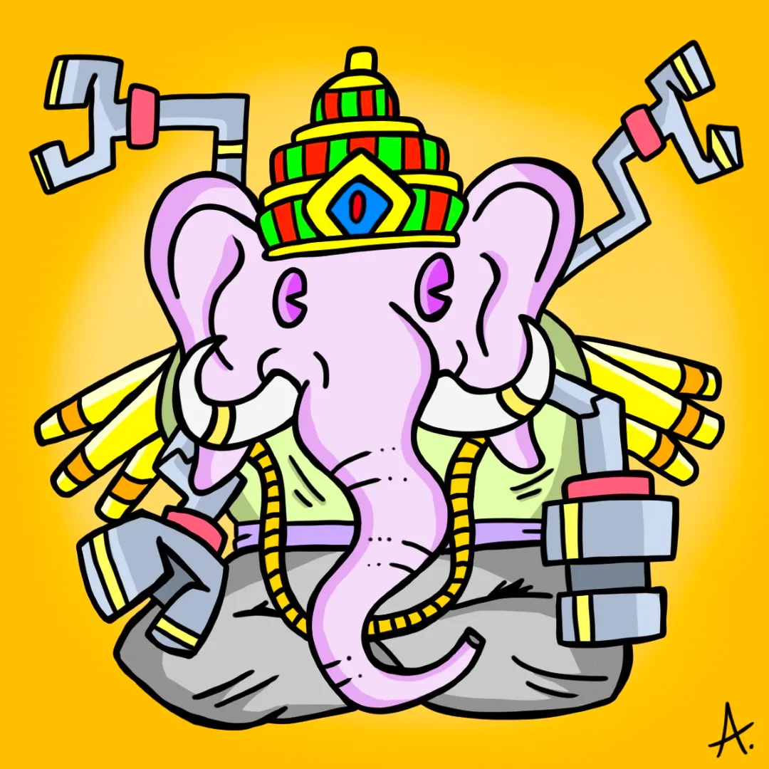 Massive robotic elephant deity towering as an all-powerful mechanical droid god