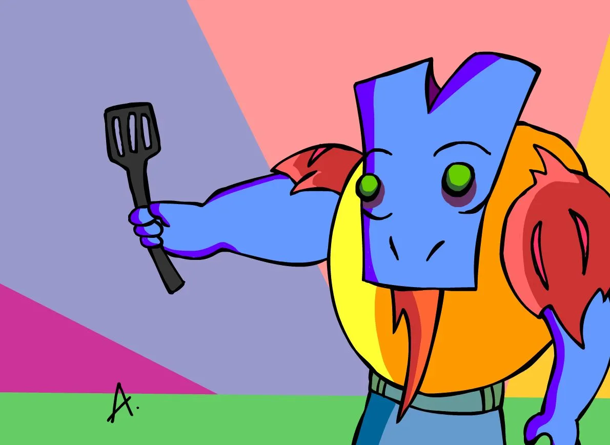 Lively character grilling outdoors in a vibrant colorful summer celebration scene