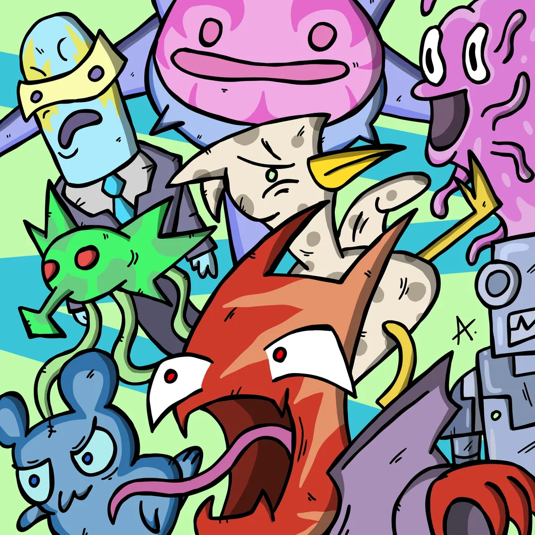 Expressive character confronting inner demons in a bold surreal digital scene