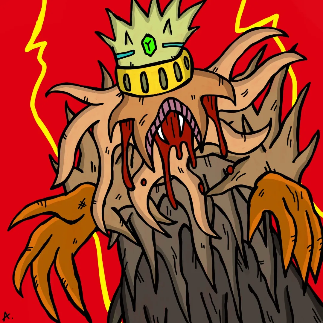 Ominous character emerging from deep red darkness with menacing bold presence