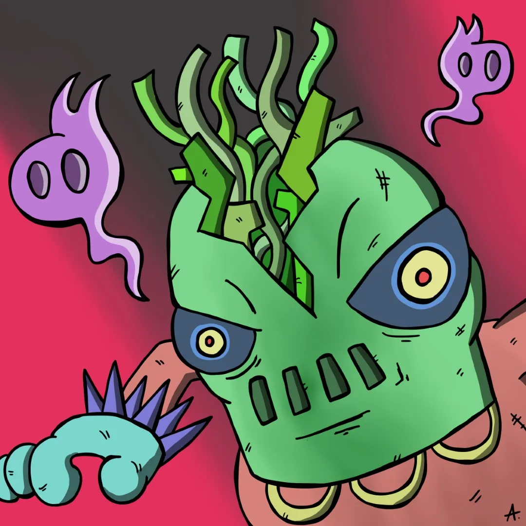 Colorful digital illustration of a mysterious character hearing ethereal whispers from another dimension