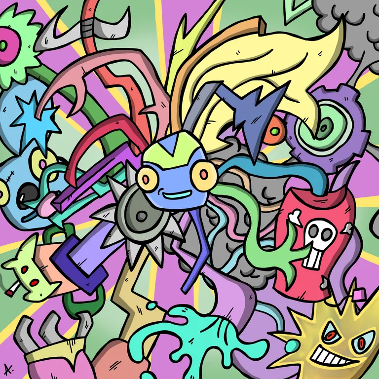 Symbolic character and lettering composition presented as an open letter in vivid colors