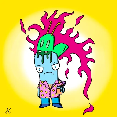 Cartoon character reacting dramatically after being bitten with vivid colorful expression