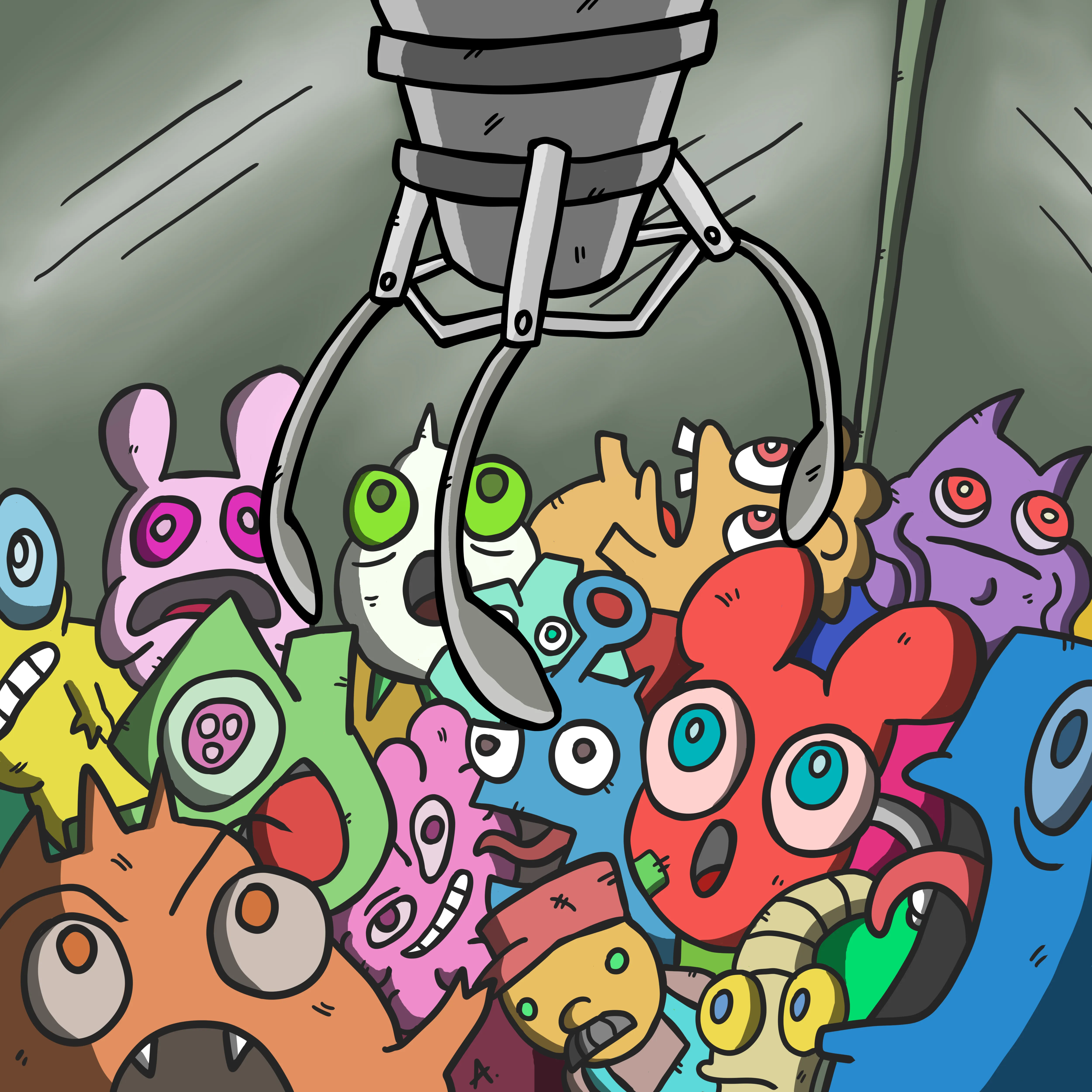 Panicked cartoon character trapped inside an arcade claw machine desperately trying to escape