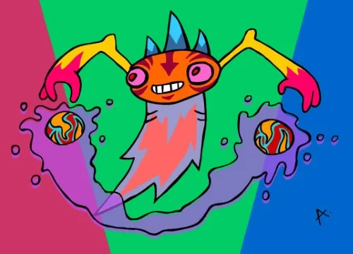 Reluctant character dragged into a chaotic colorful Monday morning carnival scene