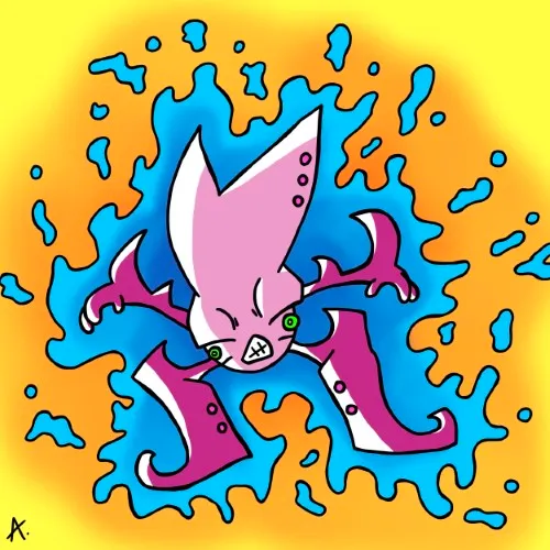 Overheated cartoon character melting under the intense vibrant summer sun