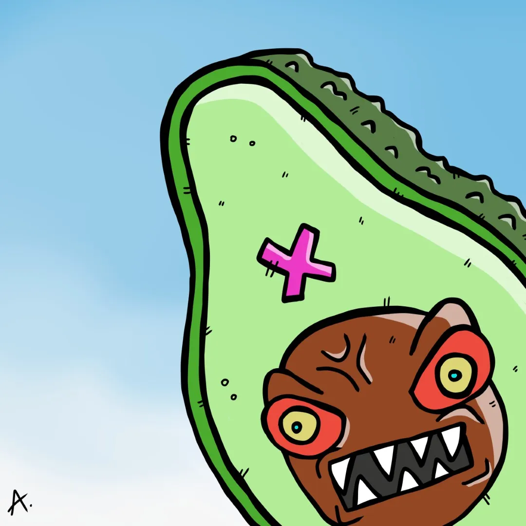 Cartoon illustration of a mad avocado character fuming with rage and a bright red angry face