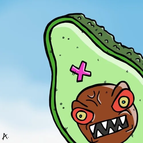Cartoon illustration of a mad avocado character fuming with rage and a bright red angry face