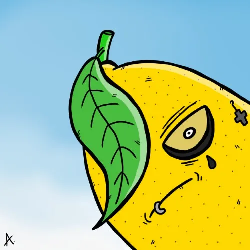 Cartoon illustration of an emo lemon character with a dark moody expression and dramatic hair