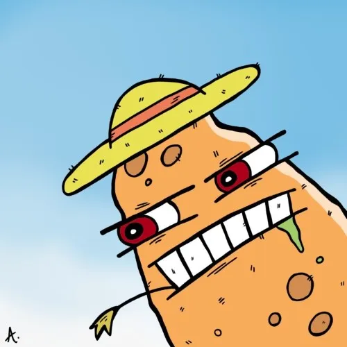 Cartoon illustration of a hard-working potato character digging soil with determined focus