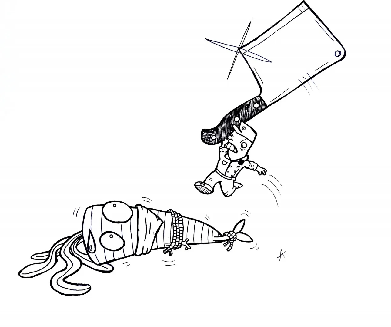 Ink drawing of a cartoon character performing a powerful chopping strike with great force