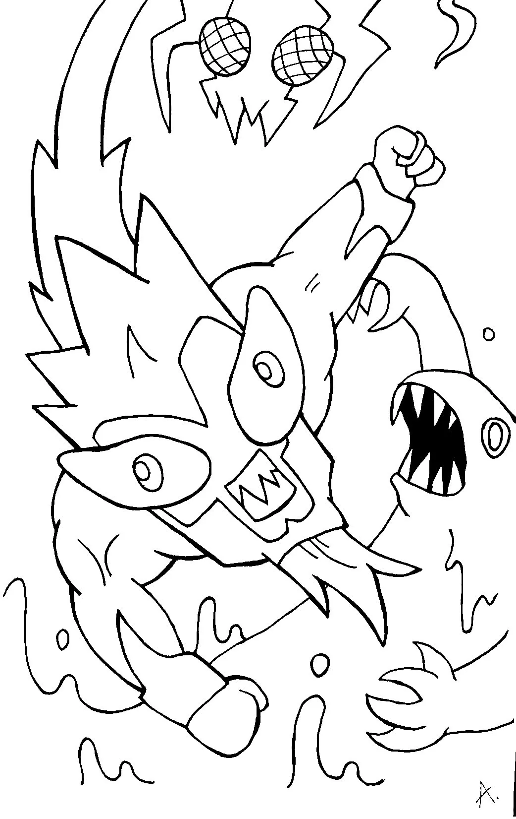 Ink drawing depicting a chaotic doomsday scenario with creatures fleeing mass destruction