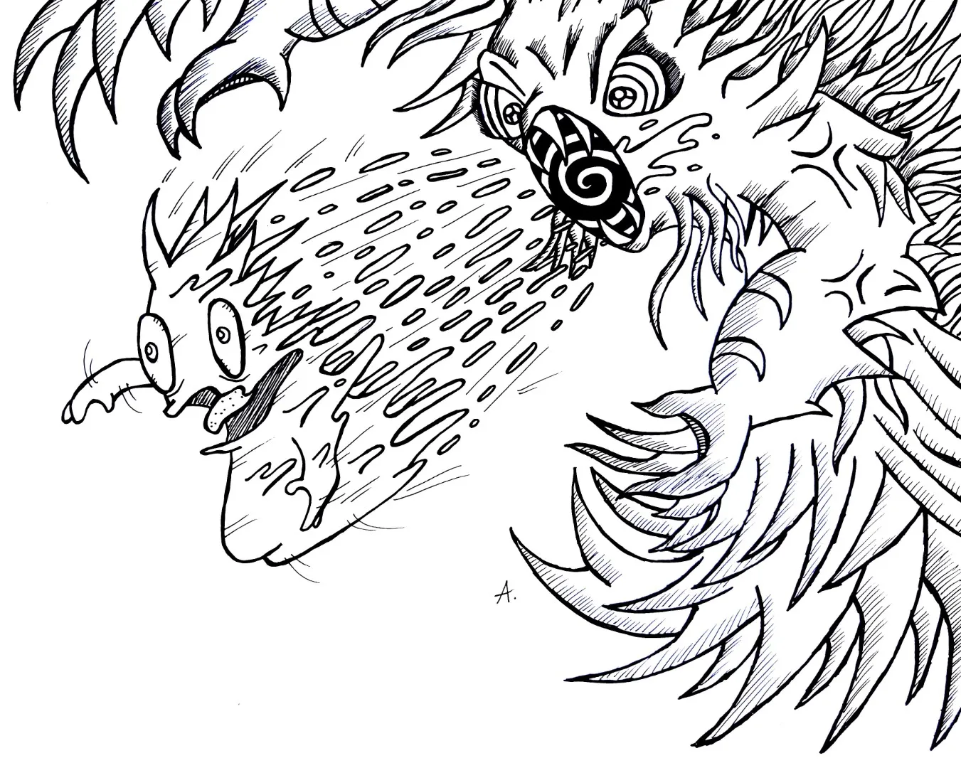 Ink drawing of cartoon characters being pulled into a swirling vortex drain below them