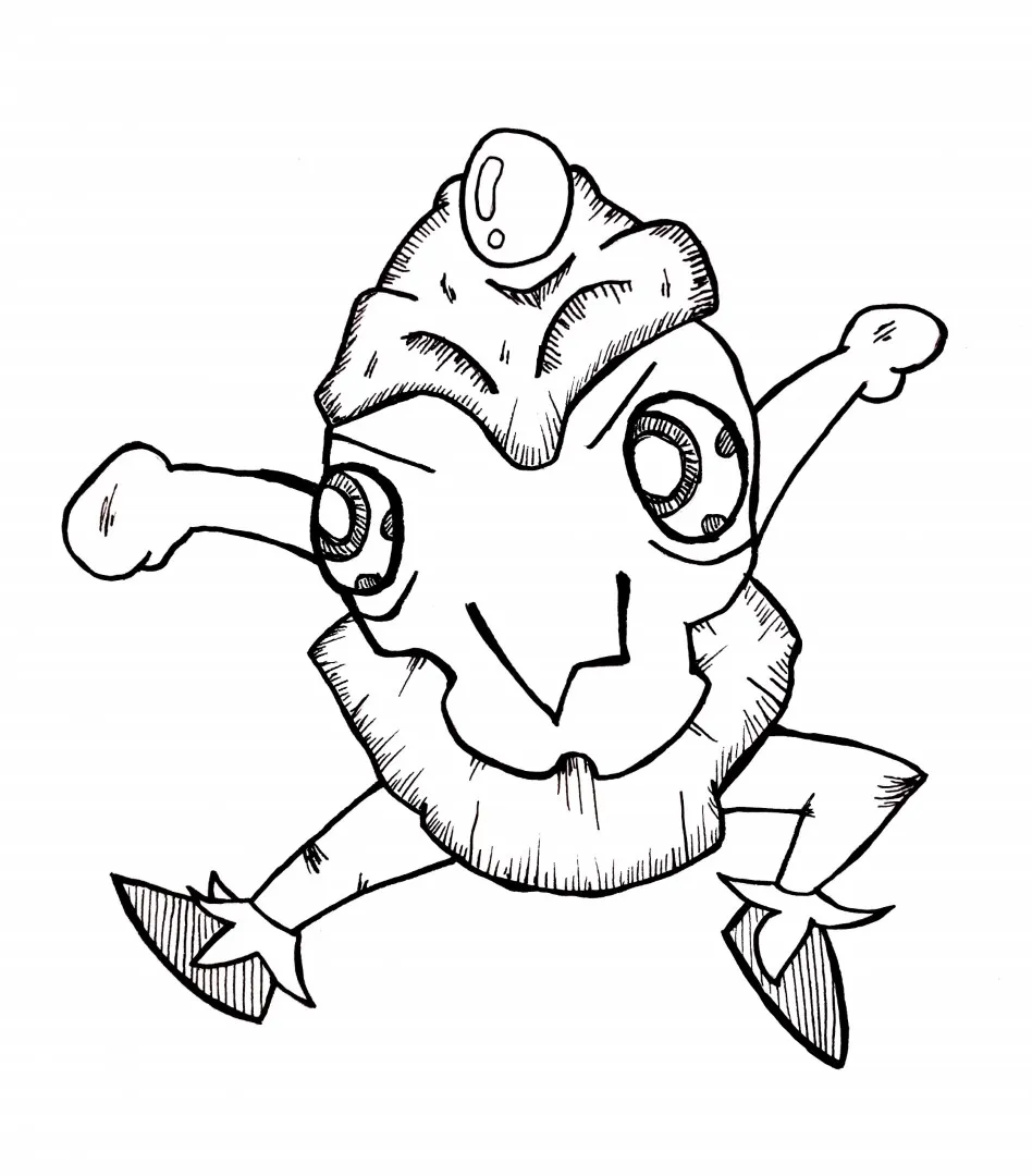 Ink drawing of a small cartoon boy character with innocent and curious wide eyes