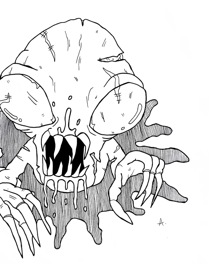 Ink drawing of a miserable cartoon character dreading the start of Monday morning