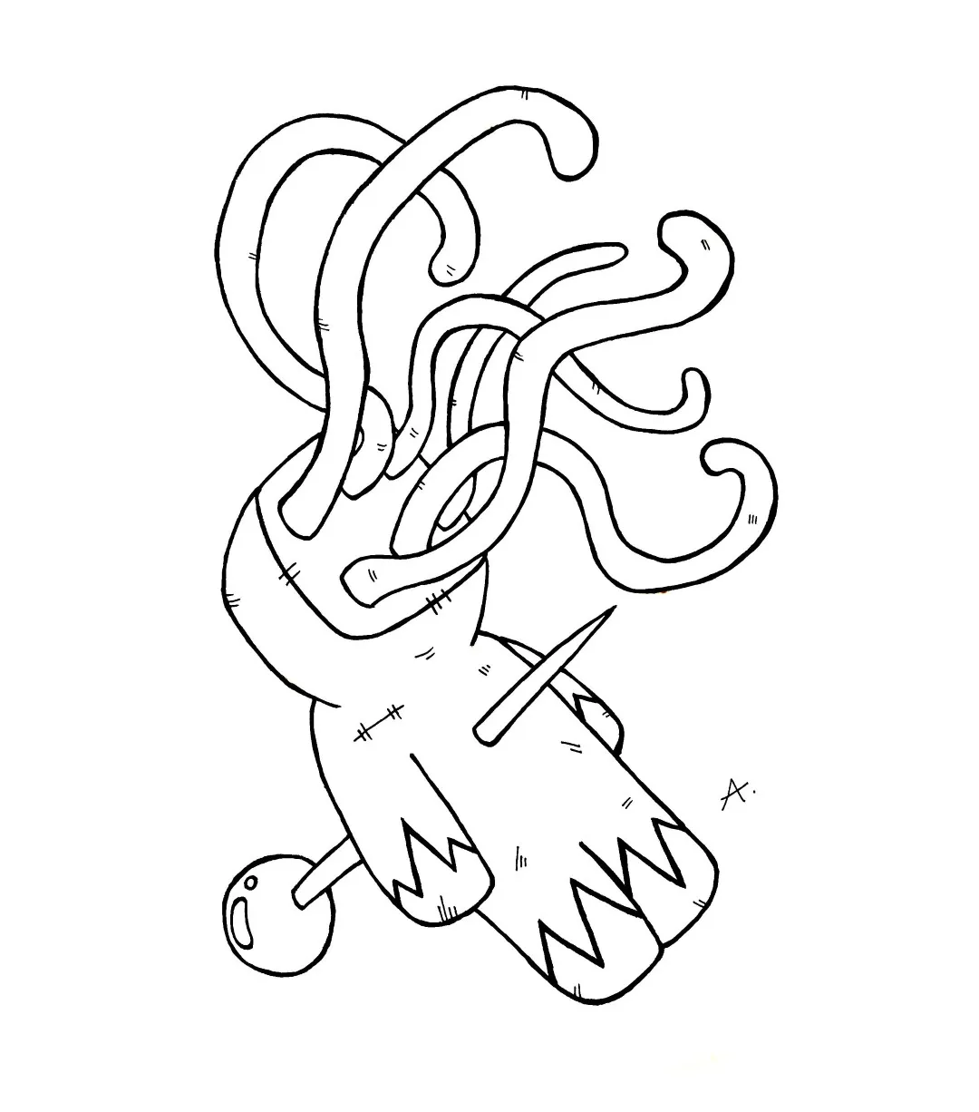 Ink drawing of a spooky voodoo doll character with pins and dark magic elements