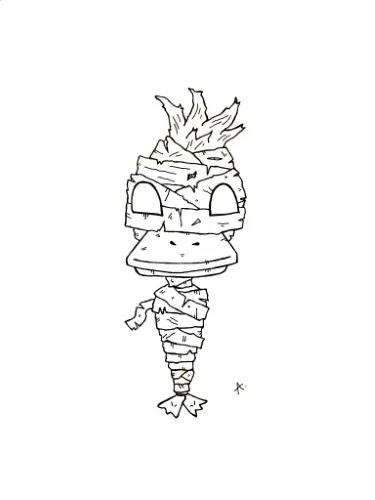 Ink drawing of a duck wrapped in mummy bandages like an ancient Egyptian relic