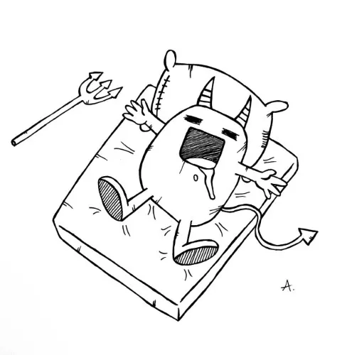 Ink drawing of a completely worn-out cartoon character collapsing from utter exhaustion