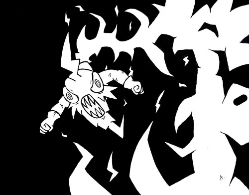 Ink drawing of a cartoon character getting a sudden electric jolt shock of energy