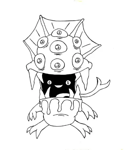 Ink drawing of cartoon creatures all screaming together during a wild chaotic hour