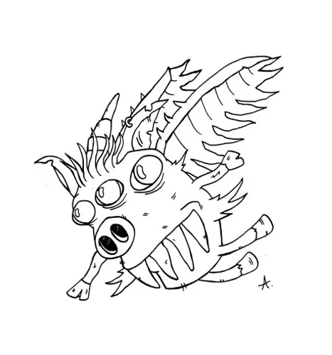 Ink drawing of cartoon pigs soaring through the sky with wings defying all expectations