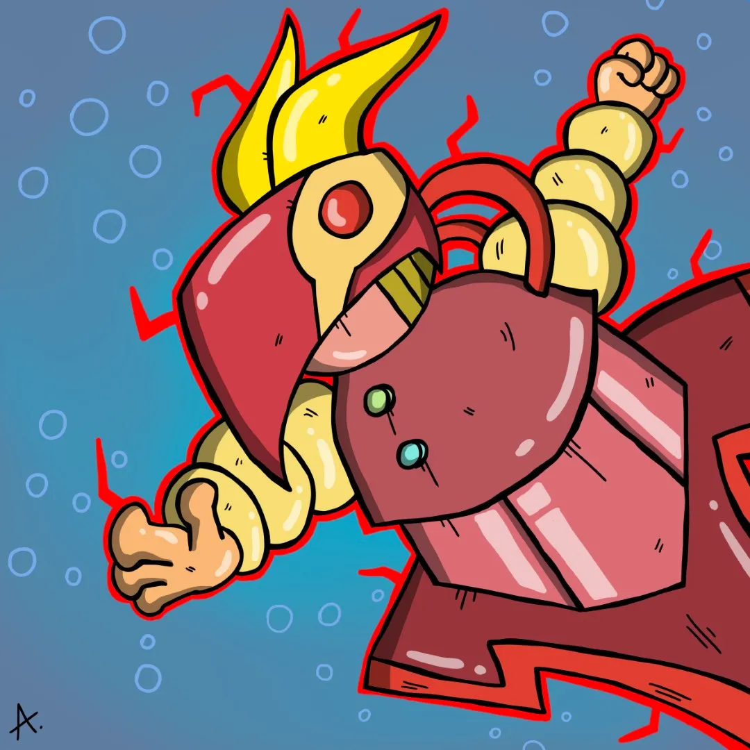 Digital art of unit A-314, an ancient sentinel robot with weathered bronze armor and stoic expression
