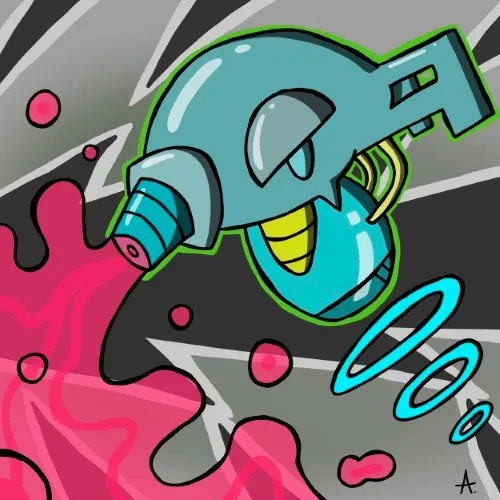 Digital art of unit B-008, a compact armored drone with a visor faceplate and sturdy reinforced build