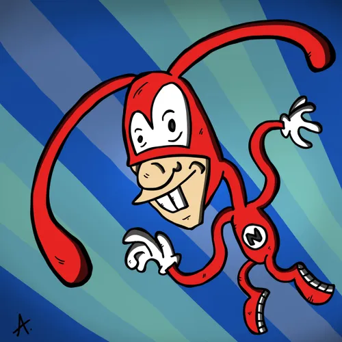 Cartoon illustration of Noid, the Domino's mascot with long limbs and a mischievous grin
